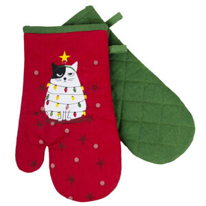 Vánoční kuchyňské rukavice chňapky HAPPY XMAS červená 18x30 cm 100% bavlna Balení 2 kusy - levá a pravá rukavice.