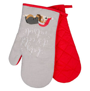 Vánoční kuchyňské rukavice chňapky HAPPY FRIENDS PEJSEK šedá/červená 19x30 cm 100% bavlna Balení 2 kusy - levá a pravá rukavice.
